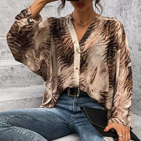 . Tops - Multicolor Womens tiger print button down Shirt